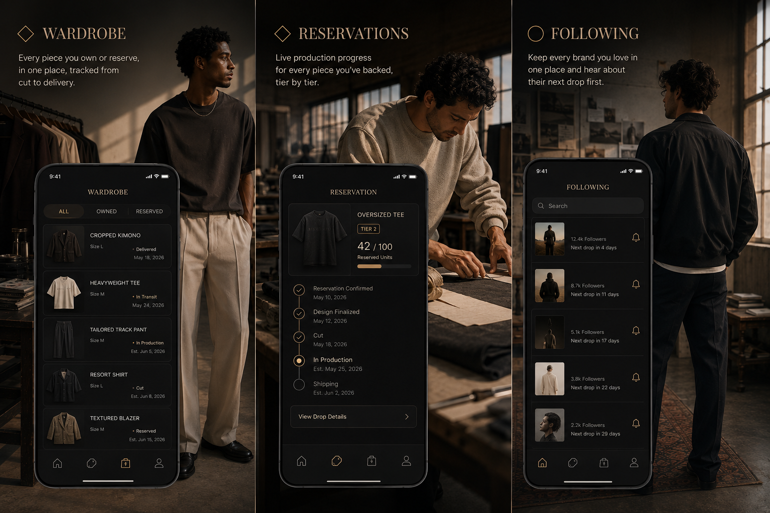 Wardrobe, Reservations, and Following screens from the Fitting Room app