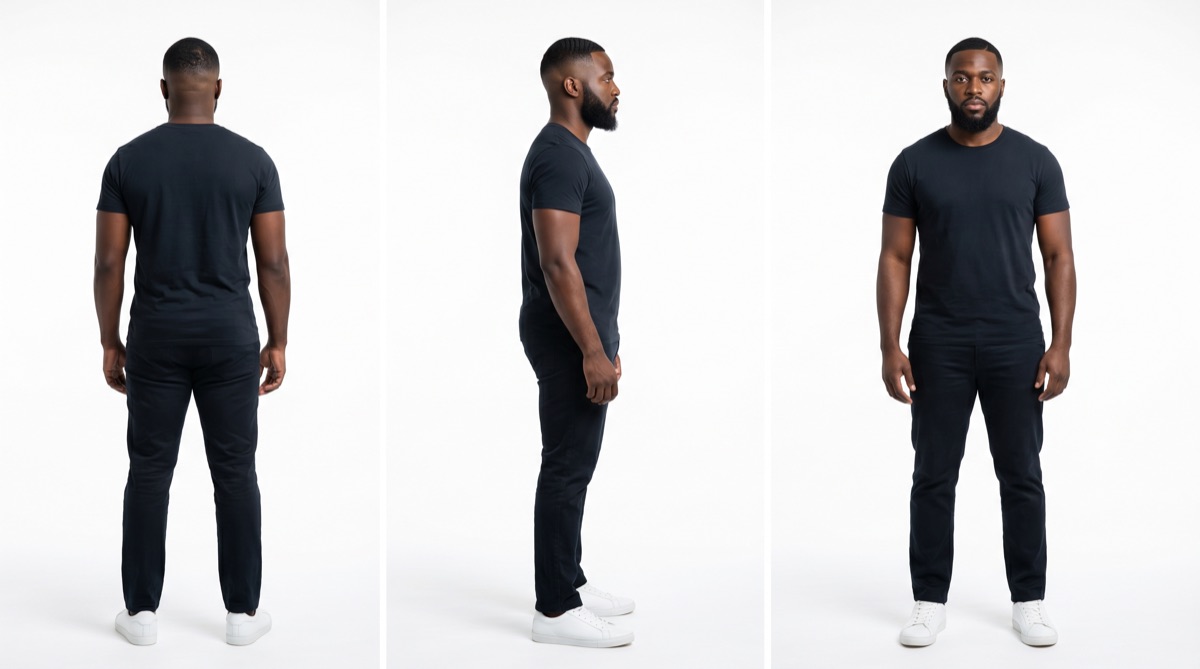 Front, side, and back reference views of a Fitting Room model card
